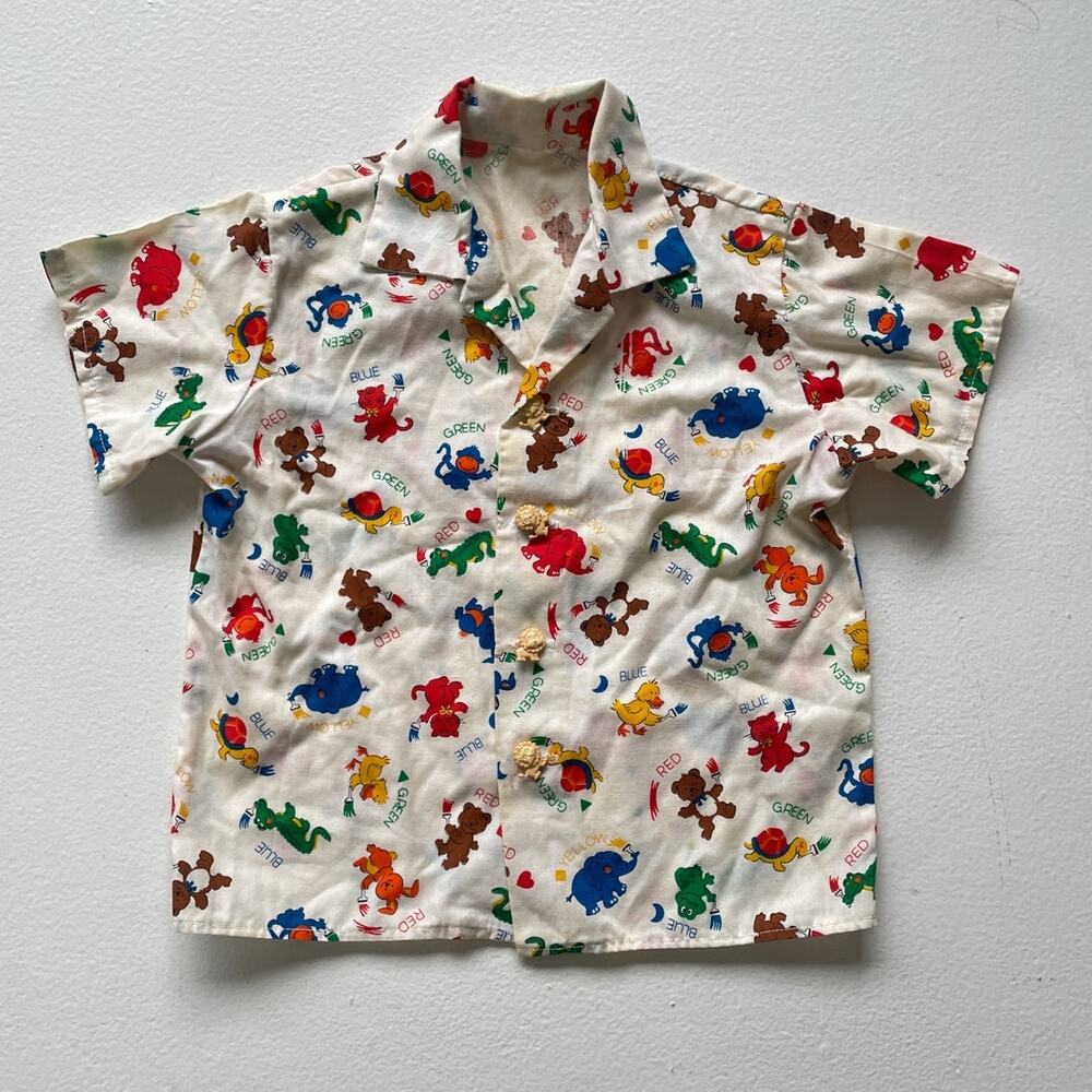 Vtg 60s 70s Kids Retro Animal Patterned Button Up Shirt / Novelty Retro